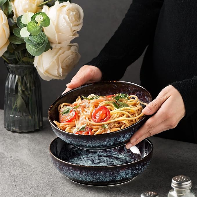 30oz Ceramic bowls set of 4-8" serving bowls for Kitchen,Pasta,Salad-Dishwasher & Microwave Safe Perfect for Housewarming, Thanksgiving, Christmas-Speckled Bluish Purple