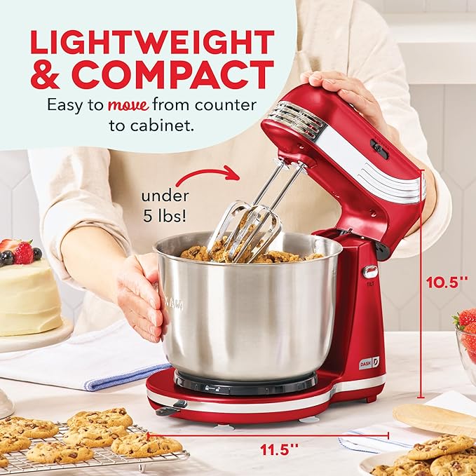 Dash Everyday Stand Mixer - Compact Tilt-Head Stand Mixer for Everyday Recipes - 6-Speed Power with Stainless Steel Bowl - Red, 3-Quart