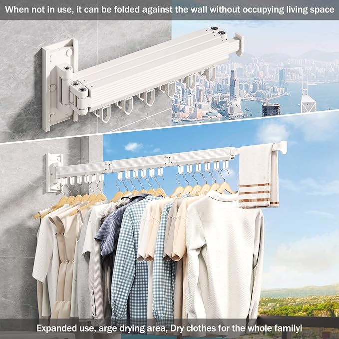 Wall Mounted Foldable Clothes Drying Rack, Heavy Duty 3-Fold Laundry Airer with Ring Hook Design, Space Saving Aluminum Rack for Balcony Bathroom Laundry Room,White Rings
