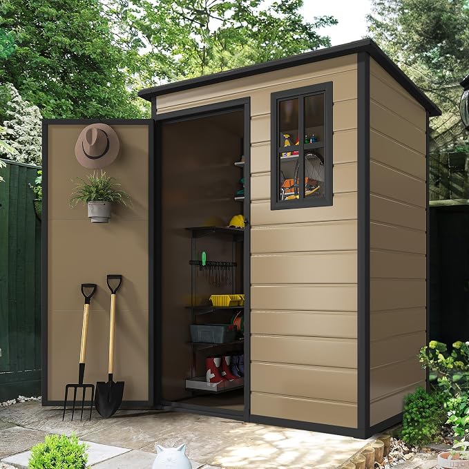 DWVO 5x3ft Resin Outdoor Storage Shed with Floor, Waterproof Lockable Tool Shed with Window, Plastic Outside Resin Storage Shed for Garden Backyard Patio Lawn