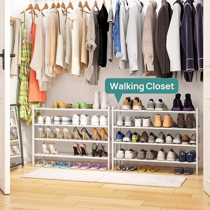 viewcare White 4-Tier Long Shoe Rack, Bamboo Wood, 33-Inch