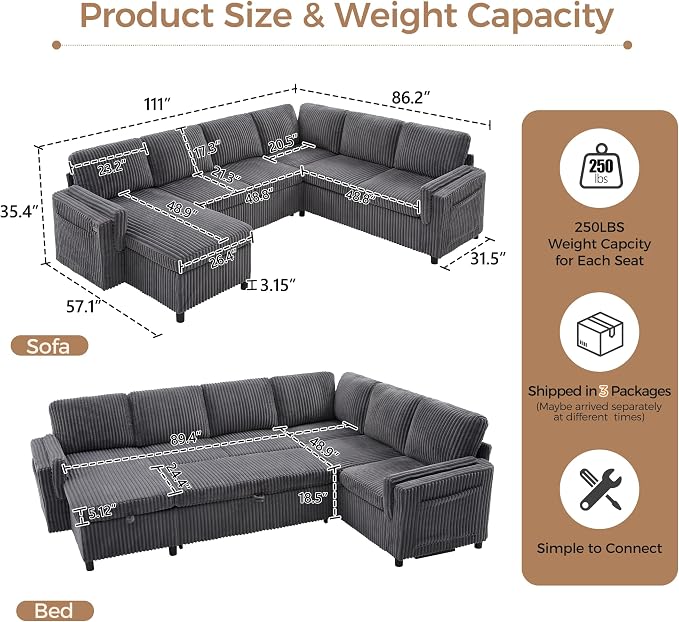 L Shaped Sectional Sleeper Sofa with Pull Out Bed, Dark Grey | 7 Seat Modular Design, Hidden Storage Space, Soft Corduroy Fabric, USB Charging, Cup Holders, Removable Covers, Easy Assembly