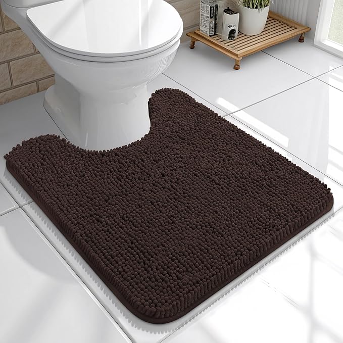 OLANLY Toilet Rugs U-Shaped 20x20, Extra Soft Absorbent Chenille Contour Bathroom Rugs for Toilet, Dry Quickly, Machine Washable, Non-Slip Bath Mat, Brown