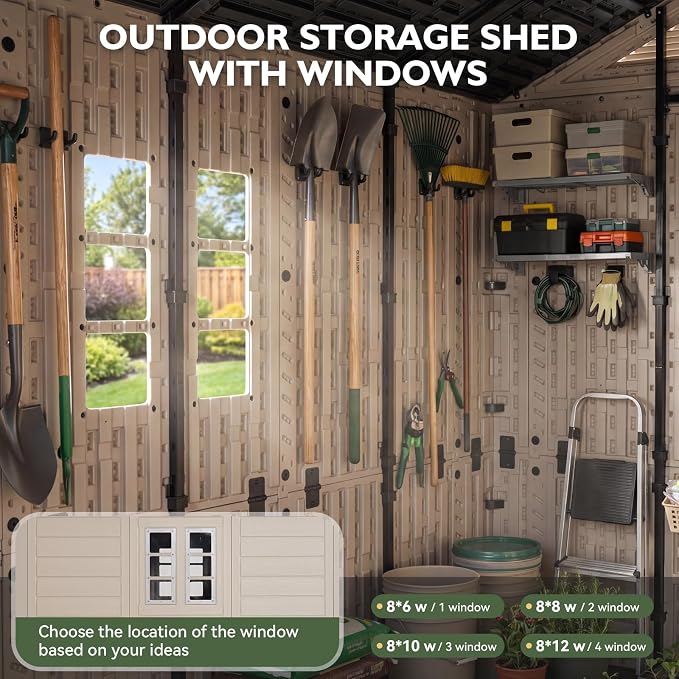 Aoxun 8x8 Ft Outdoor Storage Shed with Floor, Large Resin Outdoor Shed with Lockable Door & Windows, Garden HDPE Sheds for Lawn Tools, Pool Supplies & Bikes