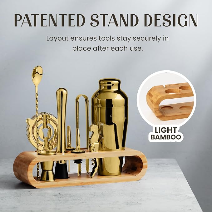 Mixology & Craft Cocktail Shaker Set with Bamboo Stand - Professional 10-Piece Bartender Kit, Complete Bar Set for Home Use with Jigger, Muddler, Strainer, Spoon, Pourers & Corkscrew (Gold)