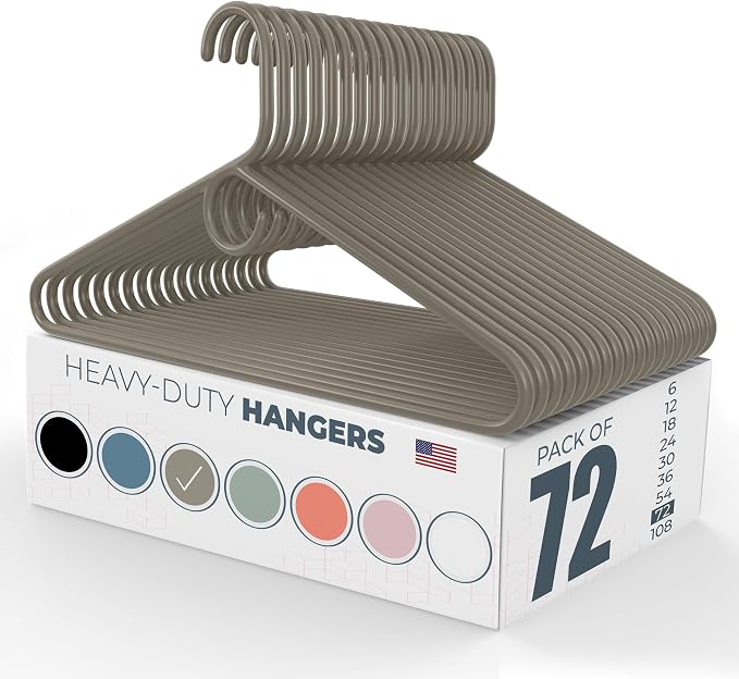 Heavy Duty Clothes Hangers 50+ Pack (72 Count) – Made in the USA – 8lb Capacity Plastic Hangers for Adult Clothing – Durable for Pants, Coats, Jackets, or Jeans – Gray