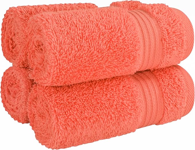 Cotton Paradise 100% Cotton Turkish Towel Set, Soft Absorbent Quick Dry, 4 Piece Washcloth Set, Coral