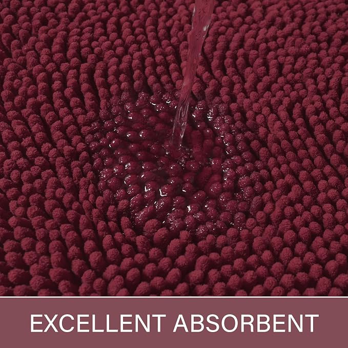 LOCHAS Luxury Bathroom Rug Shaggy Bath Mat 24 x 60 Inch, Burgundy | Washable Non Slip Bath Rugs for Bathroom Shower, Soft Plush Chenille Absorbent Carpets