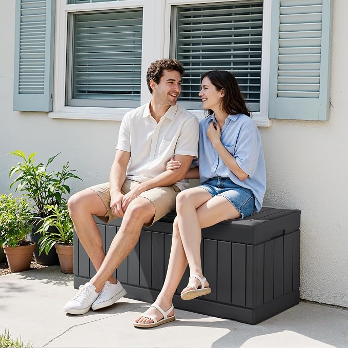 Devoko 78 Gallon Deck Box, Waterproof Resin Outdoor Storage Box | Outdoor Storage Bench Lockable for Outside and Patio Furniture, Garden Tools and Pool Supplies