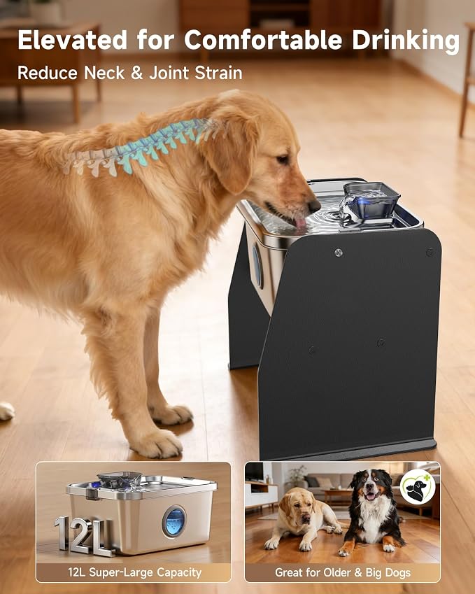 12L/3.2Gal Dog Water Fountain Elevated, Stainless Steel Pet Water Fountin with Adjustable Metal Stand, Raised Automatic Dog Water Bowl Dispenser for Large Dogs, Quiet Dog Fountain with Water Window