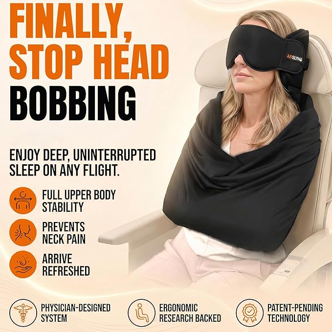 2 Pack 3-in-1 Airplane Sleep Support System - Plane Sleeping Accessories with Memory Foam Long Haul Flight Pillow, Adjustable Travel Eye Mask, and Blanket-Like Body Sling - Fits in Carry On