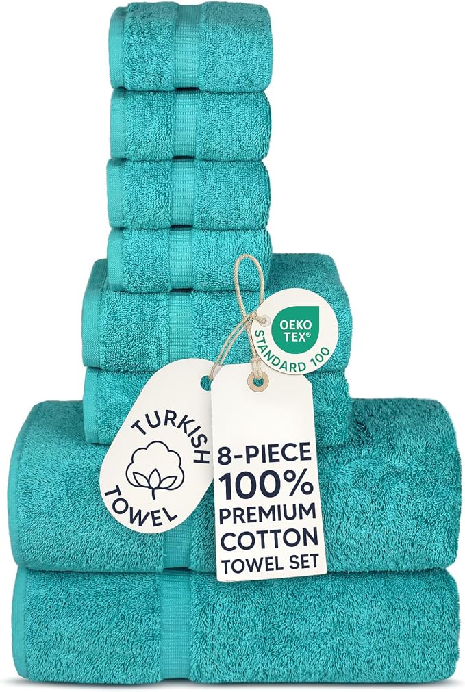 Chakir Turkish Linens Set of 8 Towel Set, 100% Cotton Luxury Turkish Towels for Bathroom, Soft Absorbent Bath Towel Set with 2 Bath Towels 2 Hand Towels 4 Washcloths, Aqua