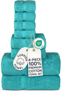 Chakir Turkish Linens Set of 8 Towel Set, 100% Cotton Luxury Turkish Towels for Bathroom, Soft Absorbent Bath Towel Set with 2 Bath Towels 2 Hand Towels 4 Washcloths, Aqua