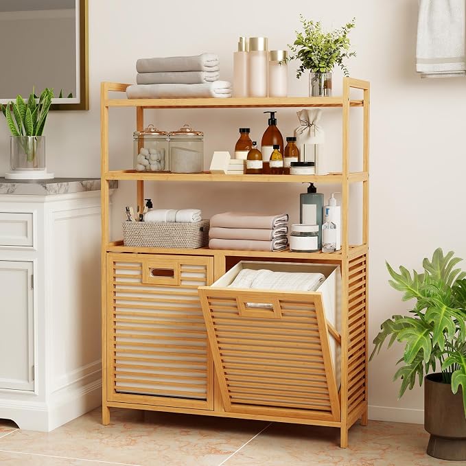 Giantex Double Tilt Out Laundry Hamper with 3-Tier Storage Shelf | 14 Gal Bamboo Laundry Storage Cabinet w/Removable Laundry Baskets, Laundry Sorter Organizer for Bathroom Living Room Bedroom