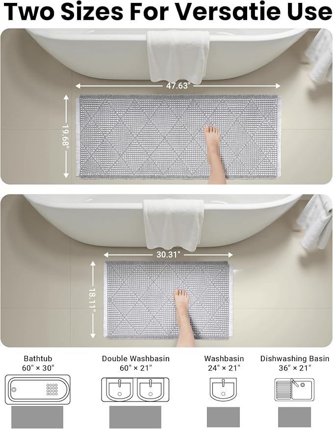 Furicher Waffle Bath Mat Set, Non Slip Bathroom Rugs Sets 2 Piece, Ultra Absorbent Long Bath Rug Runner for Bathroom Decor, Machine Washable Boho Mats, Grey & White, 20"×47" Plus 18"×30"