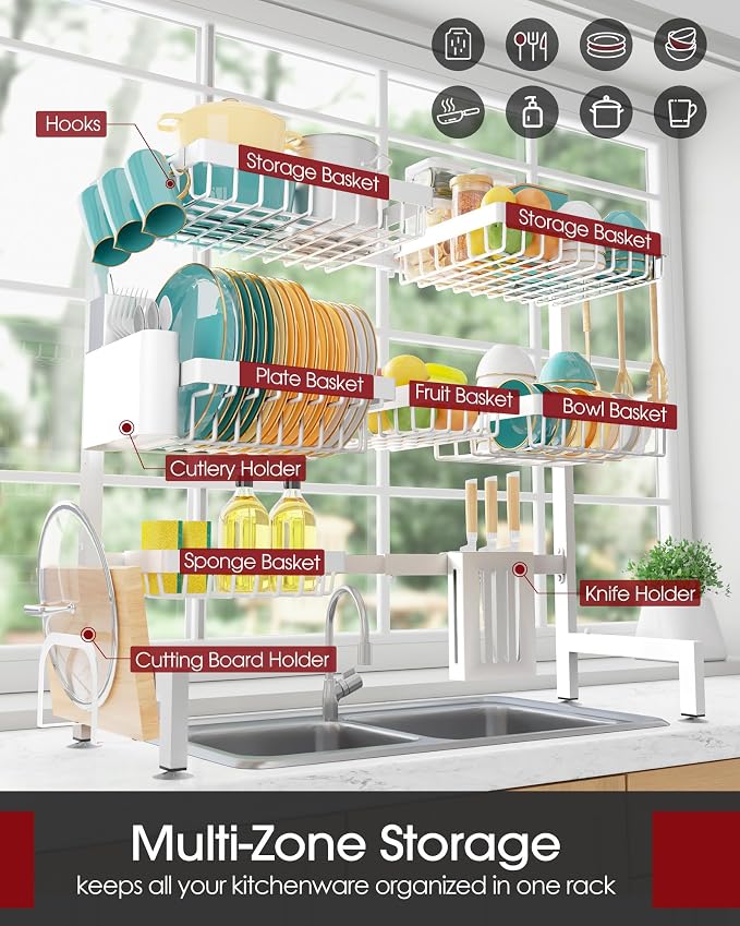 Sakugi Over The Sink Dish Drying Rack - Adjustable 3 Tier XX-Large Capacity Stainless Steel Drainer with Cutlery & Utensil Holders, Kitchen Storage & Organization, 31.5"-39.5"L x 12"W x 30.5"H, White