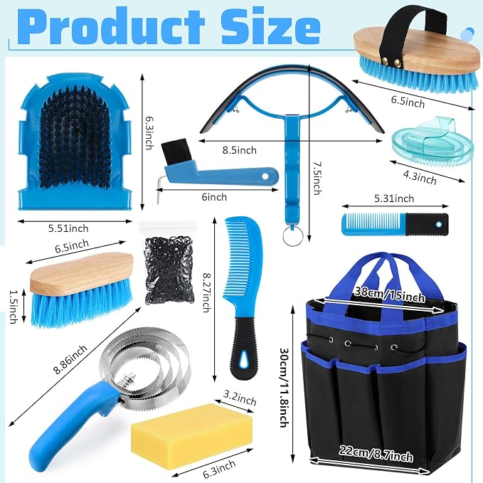 Abbylike 12 Piece Horse Grooming Kit with Organizer Tote Bag Brush Sets for Derby Day Show Horses Professional Tools for Care & Massage(Blue)