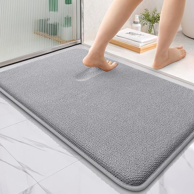 OLANLY Thick Memory Foam Bathroom Rugs 35x24, Soft Absorbent Bath Mat, Grey | Quick Dry Bath Mat Rugs, Non-Slip Mats, Machine Washable Carpet for Bathroom Floor, Tub and Shower, Home Decor Accessories