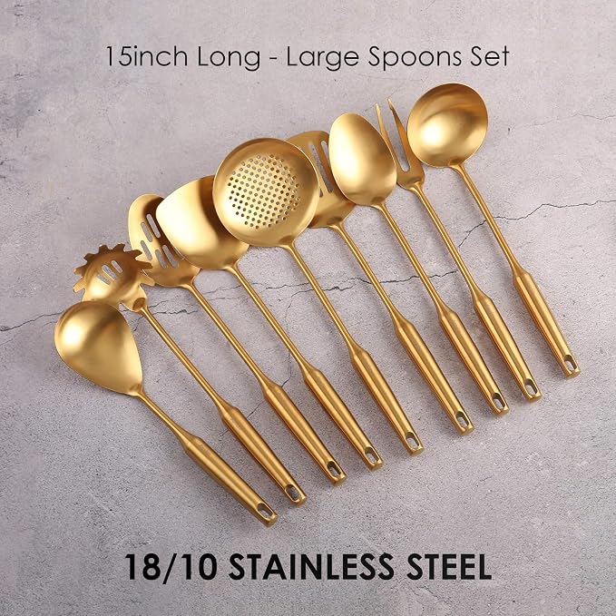 Gold Kitchen Utensils Set - 15" All Metal Cooking Tools Set of 9 | 18/10 Stainless Steel Cooking Utensils - Fork, Solid/Slotted Spoon, Spatula, Ladle, Skimmer, Turner, Pasta Spoon, Large Spoon