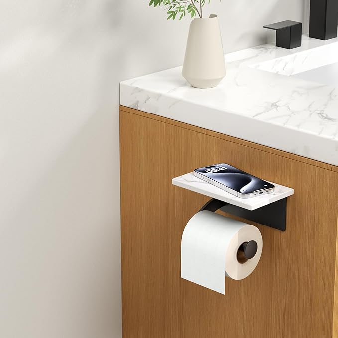 FORIOUS Toilet Paper Holder with Phone Shelf, Natural Marble Wall Mount Tissue Roll Holder for Bathroom, Washroom, 304 Stainless Steel Commercial Toilet Tissue Dispensers with Shelf, Matte Black