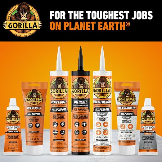 Gorilla Max Strength Construction Adhesive, Clear Glue, 9 Ounce Cartridge (Pack of 12) - Gap Filling and Waterproof