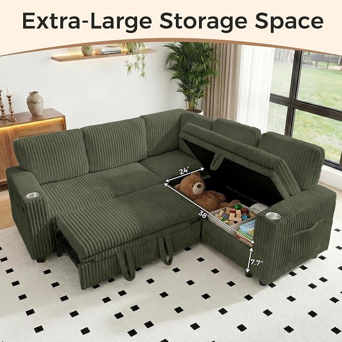 L Shaped Sectional Sleeper Sofa, Pull Out Couch with Storage, Green | Pull Out Bed, 5 Seat Modular Design, Soft Corduroy Fabric, USB Charging, Cup Holders, Removable Covers, Easy Assembly
