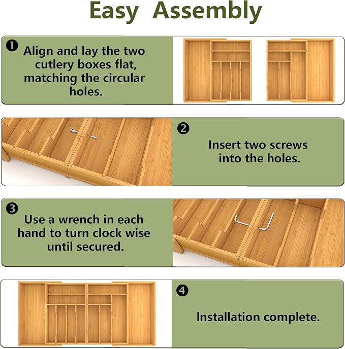 Suli Large Silverware Drawer Organizer, Adjustable Kitchen Flatware for Forks Knives and Spoons, Bamboo Cutlery Utensil Holder, Expandable from 22in-37in, Natural Bamboo