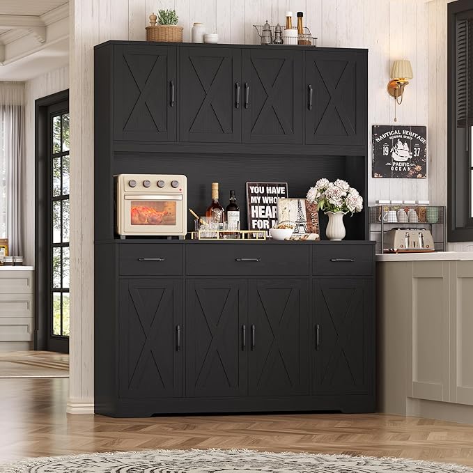 HOSTACK 71" H Kitchen Pantry Cabinet, 55" Kitchen Hutch, Black Wood Grain | Large Pantry Cabinet with Charging Station / Countertop / 3 Drawers, Farmhouse Hutch Cabinet with Storage for Dining Room