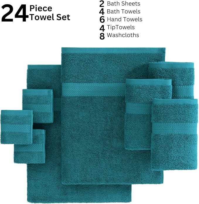 LANE LINEN Bath Towel Set 100% Cotton 24 Piece Soft Absorbent - Sea Port | Bath Towels Large Set -, Terry Weave Comfort, Soft & Long-Lasting, Hotel-Style Look, Machine Washable