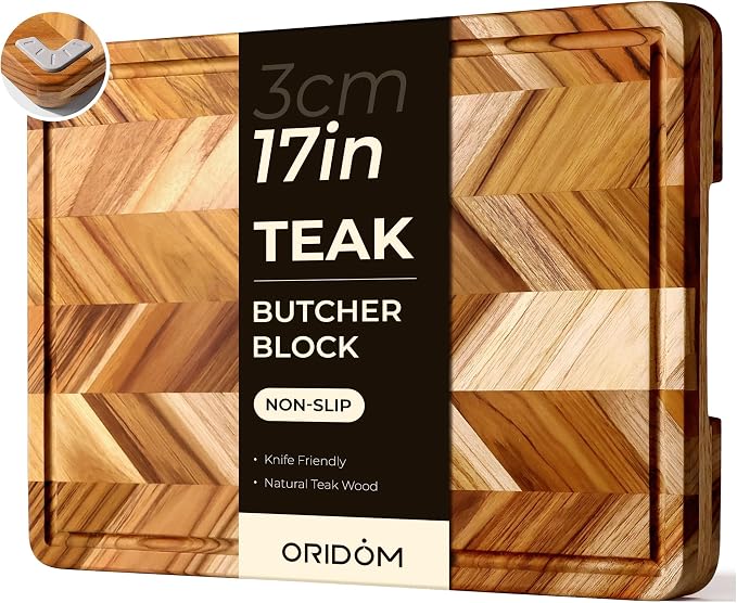 Teak Wood Cutting Board for Kitchen Large End Grain Heavy Duty Checkered Wooden Cutting Board Non Toxic Herringbone Charcuterie Butcher Block Non Slip Hardwood Chopping with Juice Groove Handle