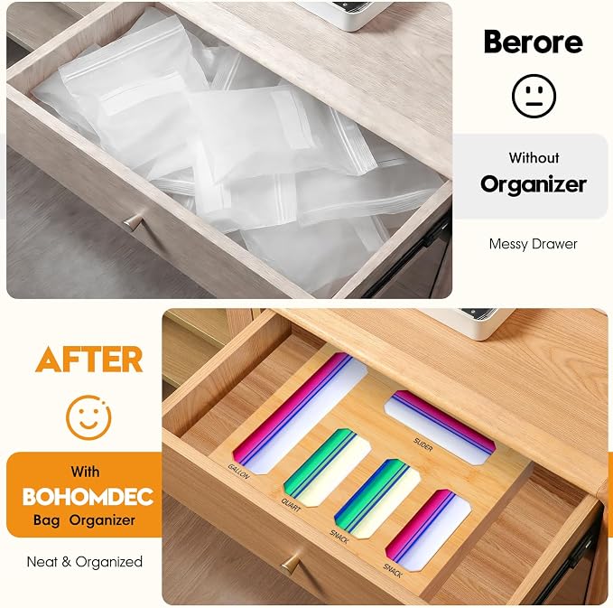 Bamboo Ziplock Bag Organizer for Kitchen Drawer, Food Storage Baggie Holder with 24 Label Stickers, Fits Gallon Quart Sandwich Snack Freezer & Slider Bags, No Assembly, Wall Mount or Drawer