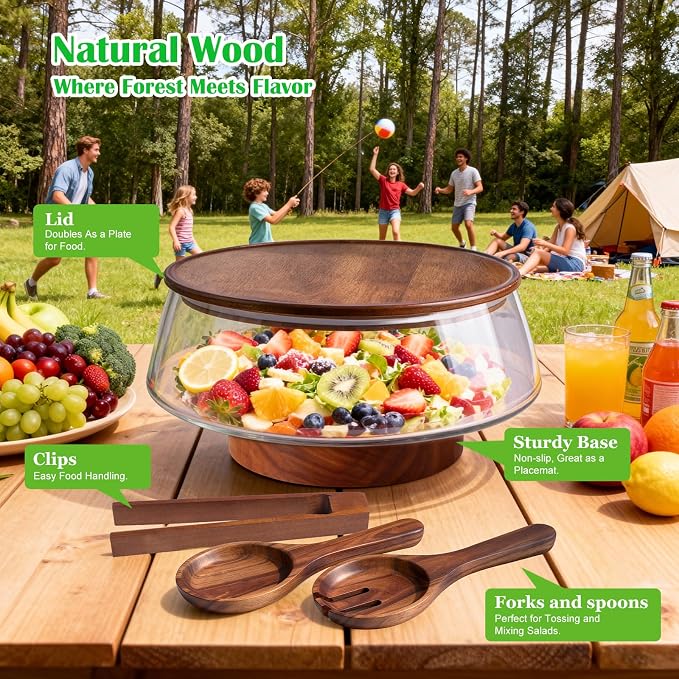 Extra Large Glass Salad Bowl with Lid Set, 5-Qt (160 fl oz) Mixing/Serving Bowl with Wood Base & Salad Servers, Trifle Bowl for Kitchen, Parties & Christmas