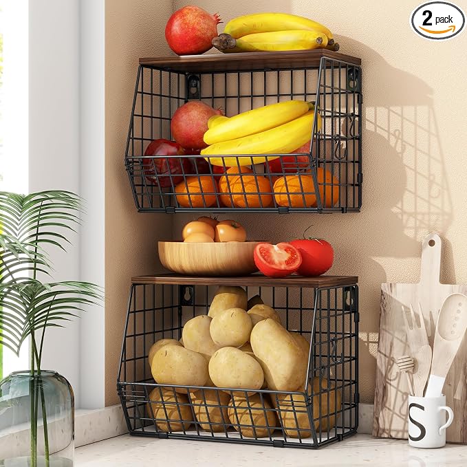 Mefirt 2pcs Fruit Basket Kitchen Storage Basket with Wood Lid, Stackable Wall Basket Fruit Basket for Kitchen, Countertop Organizer for Snack, Fruit and Veggie Storage, 11.8 x 7.9 x 8.5 Inch