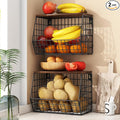 Mefirt 2pcs Fruit Basket Kitchen Storage Basket with Wood Lid, Stackable Wall Basket Fruit Basket for Kitchen, Countertop Organizer for Snack, Fruit and Veggie Storage, 11.8 x 7.9 x 8.5 Inch