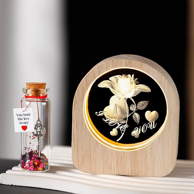 ZHSHWAT Gifts for Women,Romantic Rose Night Light and Heart Key Bottle Gift Set - Perfect for Valentines Day, Birthday, Mothers Day Anniversaries for Her Wife
