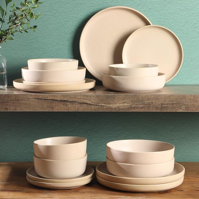 Gibson Elite Pasco 16 Piece (Service for 4) Plates and Bowls Double Bowl Reactive Glaze Dishes Stoneware Ceramic Dinnerware Set - Cream