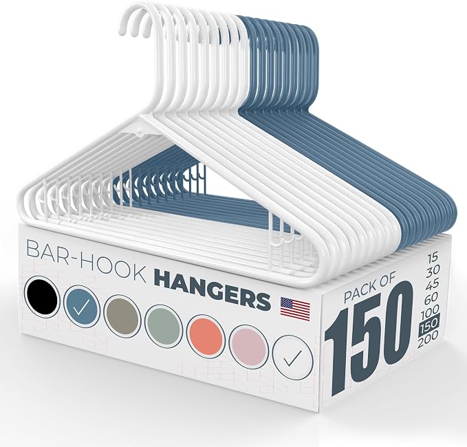 Plastic Hangers 100+ Pack (150 Count) – Made in the USA – 6lb Capacity Standard Clothes Hangers with Strap Hooks for Dresses, Lingerie, Shirts, Pants, and Jackets – White & Blue