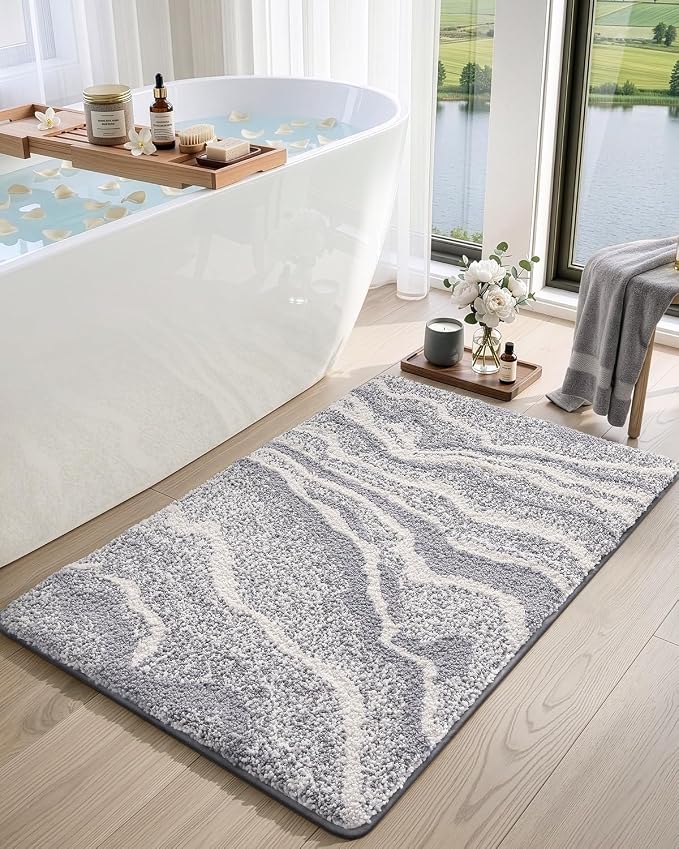DEXI Bathroom Rug Mat 32x20, Soft and Absorbent Marble Bath Mat, Non Slip Machine Washable Bath Rugs for Shower Floor, Tub, Sink, Grey