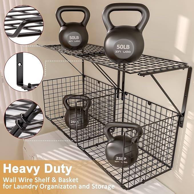 3IngSeagulls 2 Pack Laundry Room Shelves, Wire Baskets with 8 Hooks, Over Washer and Dryer Shelf, Wall Mounted Storage and Clothes Drying Rack, Black