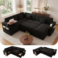 L-Shaped Sectional Sleeper Sofa with Pull Out Bed, Black | Plush Corduroy, Reclining Backrest, Storage Chaise, Usb Ports, Cup Holders & Table – Modular Cloud Couch for Living Room