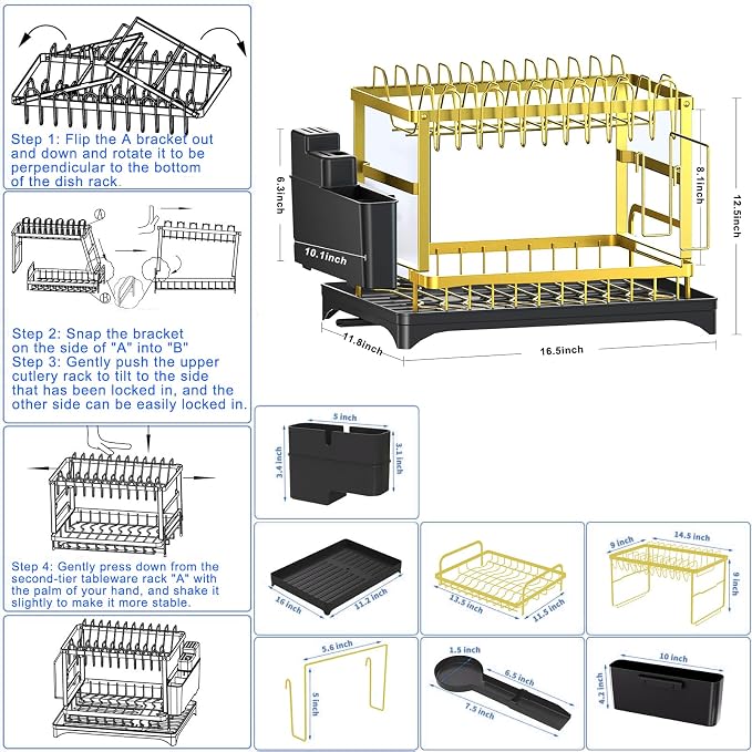 Dish Drying Rack Gold, Multifunctional Dish Racks for Kitchen Counter | with Drainboard 2 Tier Dish Drainer Large Capacity for Knifes/Cup/Cutting Board