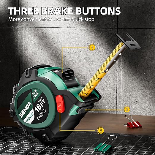 SENDA Tape Measure 16Ft - Heavy Duty Tape Measure with 25mm Wide with Three Stops, High Precision Measuring Tape Retractable Measuring Tape, Rubber for Comfortable Grip, Fraction Markings(1 Pack)