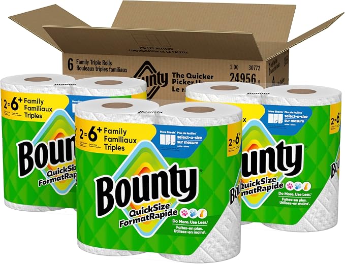 Bounty Paper Towels Quick Size, White, 6 Family Triple Rolls = 20+ Regular Rolls