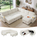 Oversized U-Shaped Sectional Sleeper Sofa for Living Room, Beige | Modular Design, Pull Out Bed, Hidden Storage Space, Soft Corduroy, USB Charging, Cup Holders, Easy Assembly
