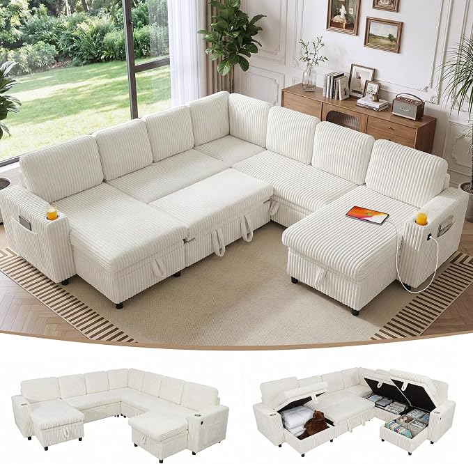 Oversized U-Shaped Sectional Sleeper Sofa for Living Room, Beige | Modular Design, Pull Out Bed, Hidden Storage Space, Soft Corduroy, USB Charging, Cup Holders, Easy Assembly