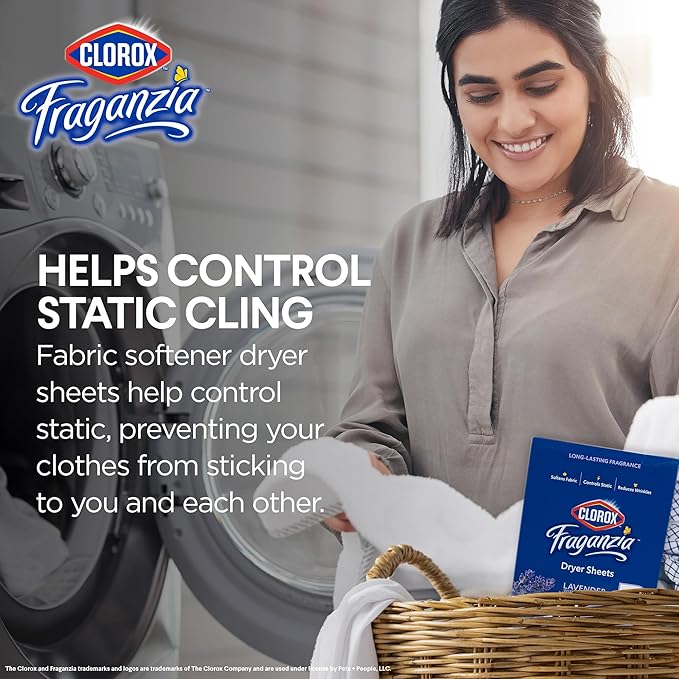 Clorox Fraganzia Fabric Softener Dryer Sheets Wrinkle Reducing Anti Static Softens Fabrics Fresh Lavender with Eucalyptus Scent 240 Count Single Box for Home Dorm and Laundry Room Everyday Use
