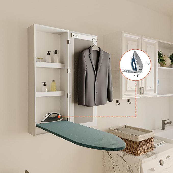 Ironing Board Cabinet with Storage for Laundry Room,White | Mirror Door|3-tier Storage Shelves|High-Temperature Protection Design|Good Load-Bearing Capacity