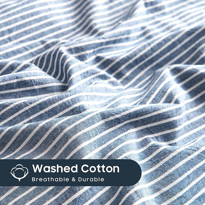 Wake In Cloud - Striped Cotton Duvet Cover Set, 100% Washed Cotton Textured Bedding Set, Ticking Stripe Pinstripe Farmhouse, 3 Pieces, Denim Blue, King Size