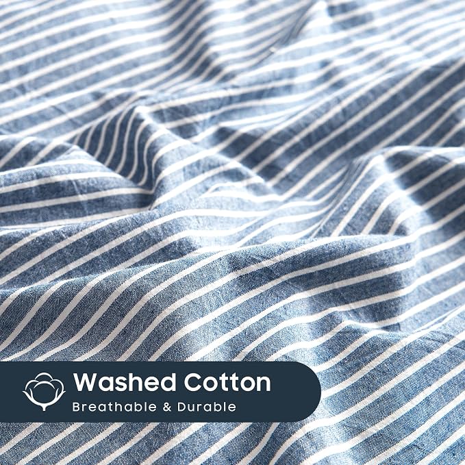 Wake In Cloud - Striped Cotton Duvet Cover Set, 100% Washed Cotton Textured Bedding Set, Ticking Stripe Pinstripe Farmhouse, 3 Pieces, Denim Blue, Queen Size