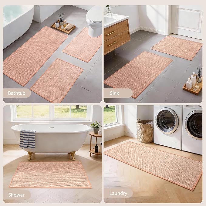 YIHOUSE Pink Bathroom Rugs Sets 2 Piece, Quick Dry Thin Bath Mat, Non Slip Absorbent Machine Washable, Bath Rugs for Bathtub Sink Home Decor (17"x24" + 17"x32")